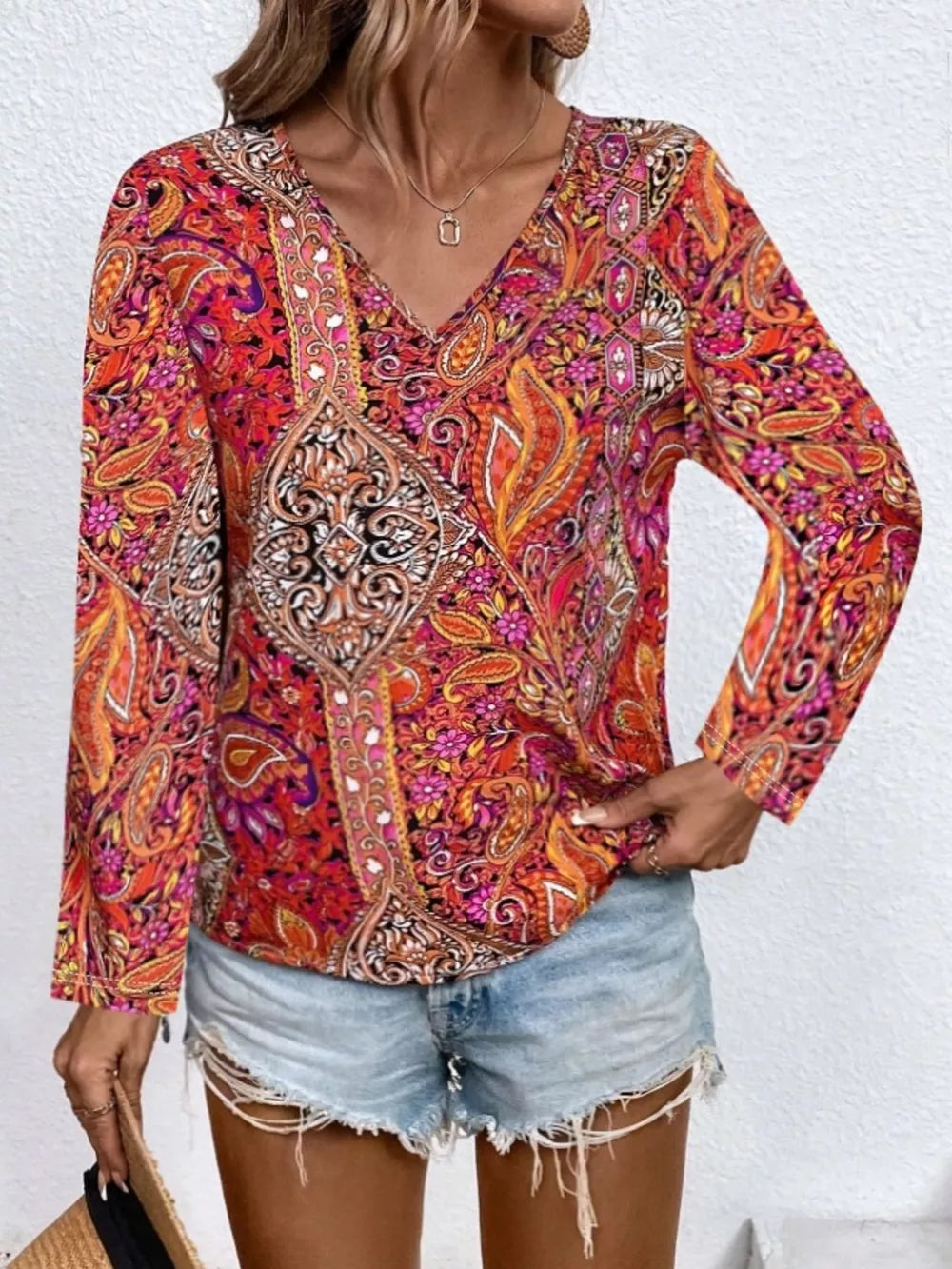 Bohemian paisley print v-neck long sleeve shirt in multicolor.