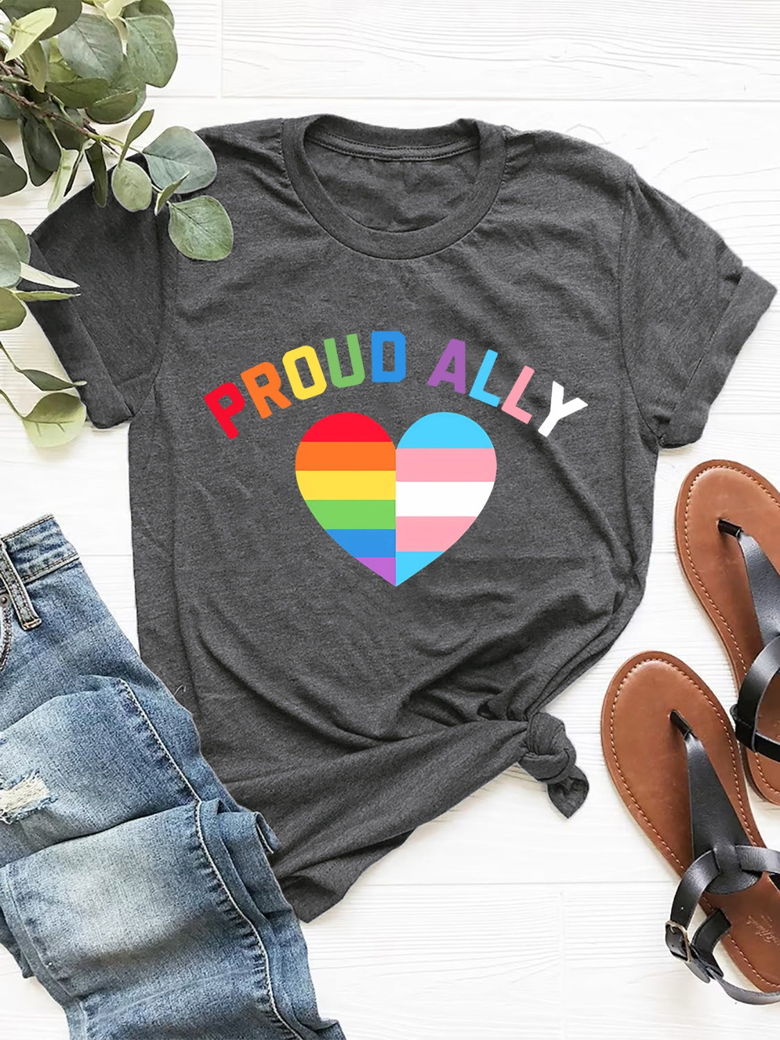 Dark Gray t-shirt with rainbow and transgender pride heart graphic and "Proud Ally" text.