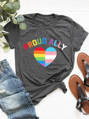 Dark Gray t-shirt with rainbow and transgender pride heart graphic and "Proud Ally" text.