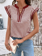 Burgundy and white striped blouse with ruffle sleeves and V-neck