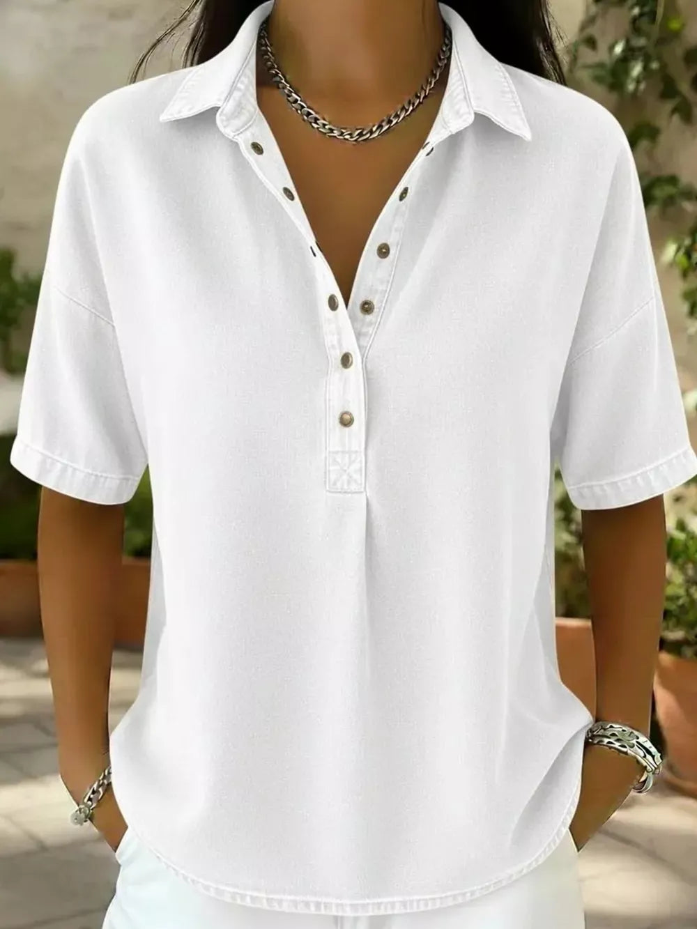 Snap Down Short Sleeve Blouse, model styling view