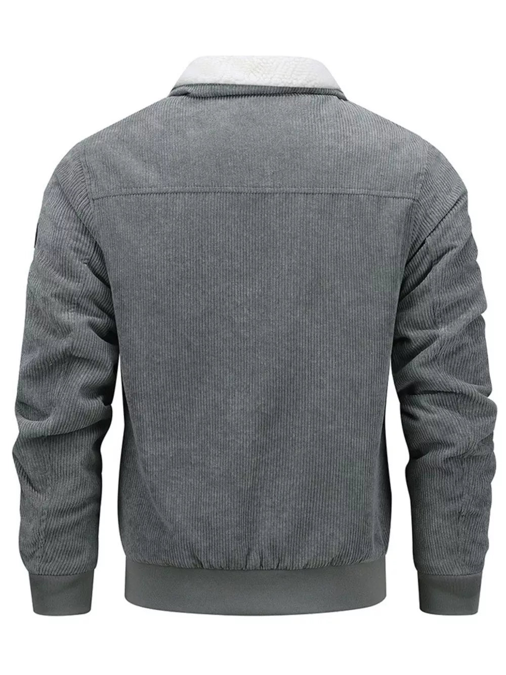 Men's gray corduroy bomber jacket with sherpa collar and ribbed cuffs and hem.