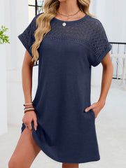 Dark Blue t-shirt dress with lace yoke detail and short sleeves.