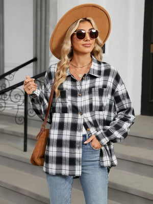 Red button-up shirt with hip-length and button-front