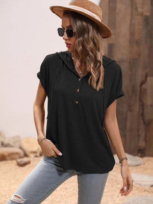 Black relaxed short sleeve henley hoodie with rolled cuffs and button detail