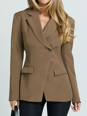 Brown single-button blazer with lapel and flap pockets.
