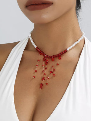 18k Gold-plated Synthetic Pearl Dangle Necklace in Deep Red, model styling view