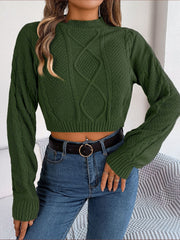 Army green cable knit cropped mock neck sweater with diamond pattern.