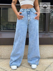 Wide-leg blue denim jeans with pockets and a comfortable cotton blend.