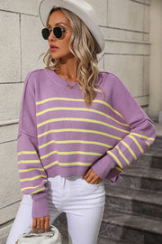 Lavender and yellow striped boxy knit sweater with crew neck and dropped shoulders.