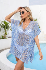 Blue open-knit acrylic blend beach cover-up with V-neck and short sleeves.