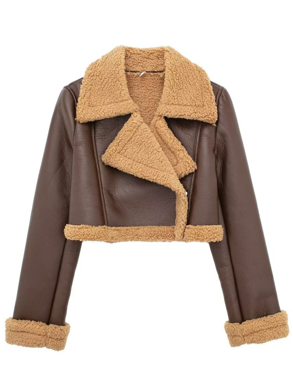 Brown cropped aviator jacket with shearling trim and collar