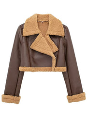 Brown cropped aviator jacket with shearling trim and collar