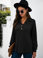 Black long sleeve waffle knit tee with button collar detail