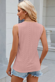Blush pink eyelet sleeveless V-neck top with scalloped detail