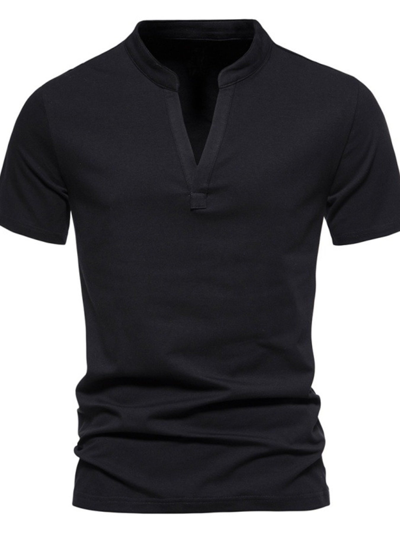 Men's black cotton short sleeve t-shirt with a V-neck and stand collar.