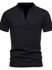 Men's black cotton short sleeve t-shirt with a V-neck and stand collar.