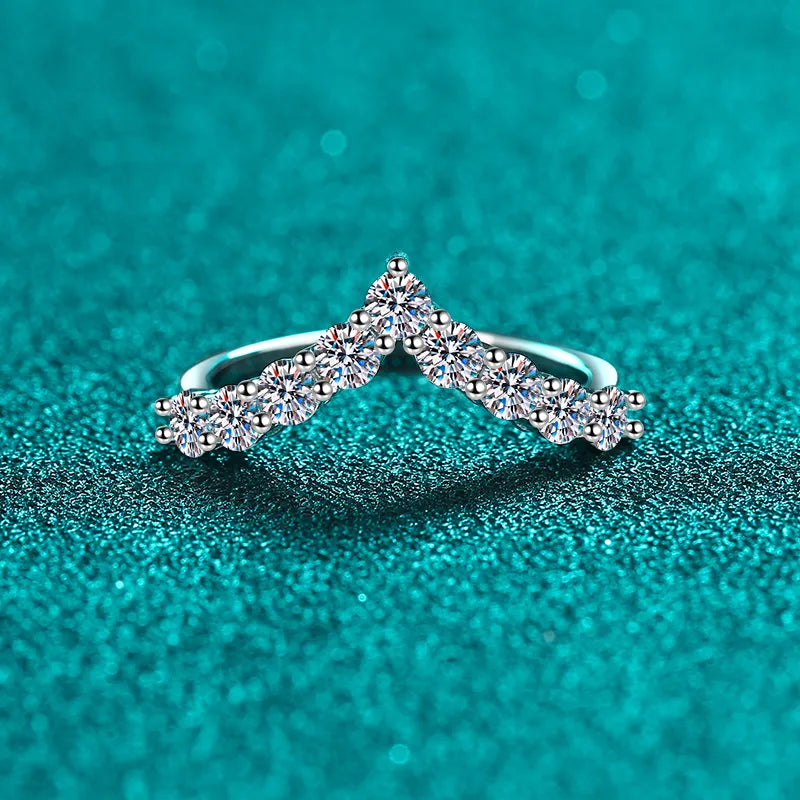 Silver chevron ring with moissanite cluster accents