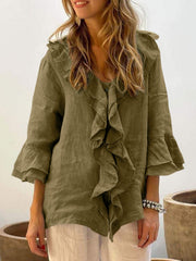 Olive green linen blouse with ruffled front and flared sleeves