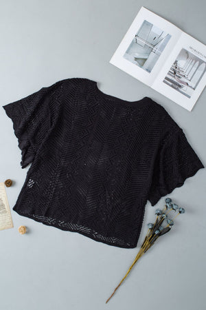 Black open-knit chevron sleeve top with a scalloped hem.