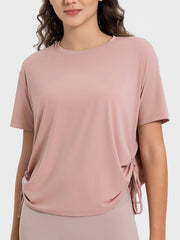 Dusty pink jersey t-shirt with side tie detail and crew neck