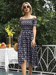 Floral off-shoulder midi dress in dark navy with a ruffled hem and slit.
