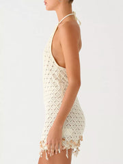 Tassel-trim Openwork Halter Mini Dress