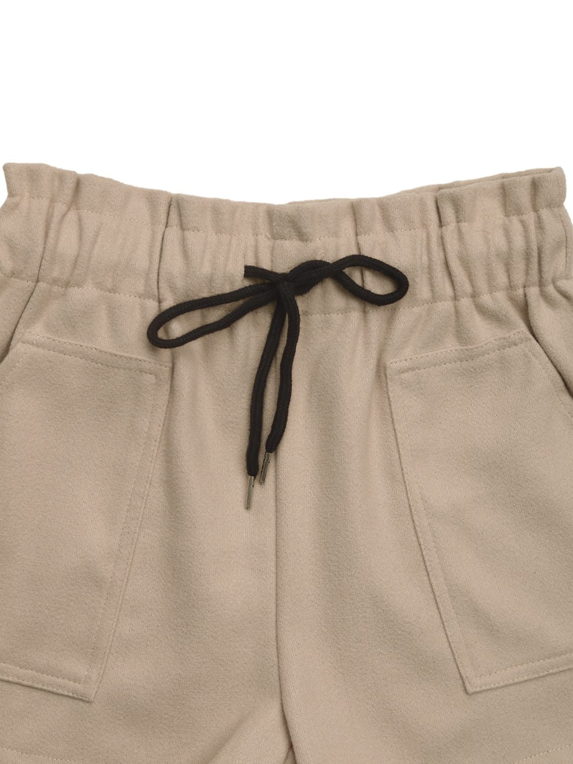 Tan paperbag waist utility shorts with drawstring and front pockets.