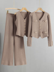 Taupe ribbed knit outfit set with gold buttons, featuring a cardigan, vest, and wide-leg pants.