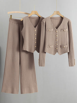 Taupe ribbed knit outfit set with gold buttons, featuring a cardigan, vest, and wide-leg pants.