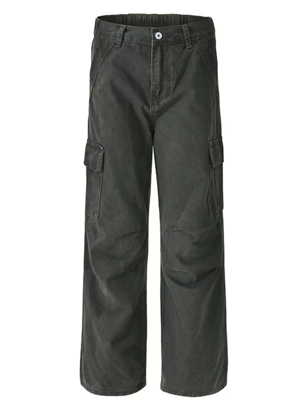Men's dark gray 100% cotton wide-leg cargo pants with multiple pockets.