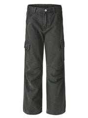 Men's dark gray 100% cotton wide-leg cargo pants with multiple pockets.