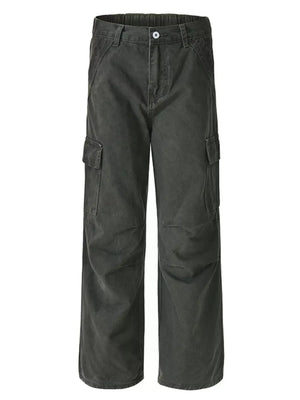 Men's dark gray 100% cotton wide-leg cargo pants with multiple pockets.