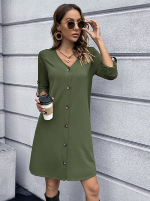 Olive green button-down mini dress with v-neck and roll-tab sleeves.