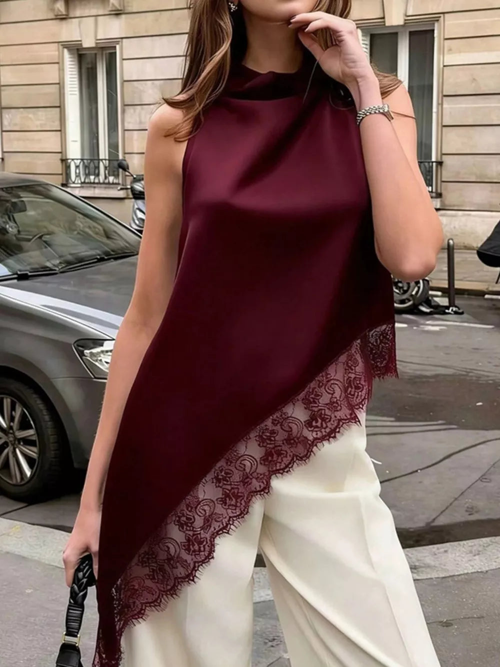 Polka Dot Lace Trim Asymmetrical Hem Sleeveless Blouse in Brown, alternate angle