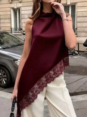 Polka Dot Lace Trim Asymmetrical Hem Sleeveless Blouse in Brown, alternate angle