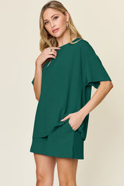 Deep Teal waffle knit boxy tee and shorts set with crew neck and short sleeves.