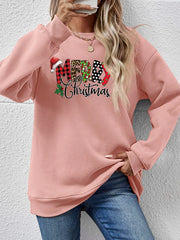Blush pink drop shoulder sweatshirt with festive Merry Christmas graphic and varied patterns.