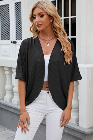 Black open-front kimono sleeve top with textured pattern and short sleeves.