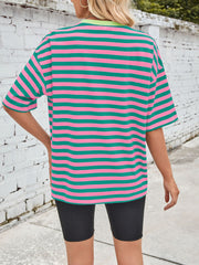 Relaxed fit t-shirt with wide pink and green stripes and a contrast lime green neckline.
