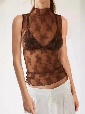 Brown sheer mock neck lace tank top with floral pattern and lettuce hem