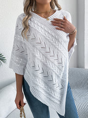 White cable knit poncho with chevron detail and V-neck