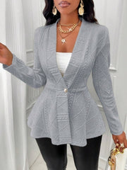 Gray textured knit peplum blazer with button closure and cable knit details.