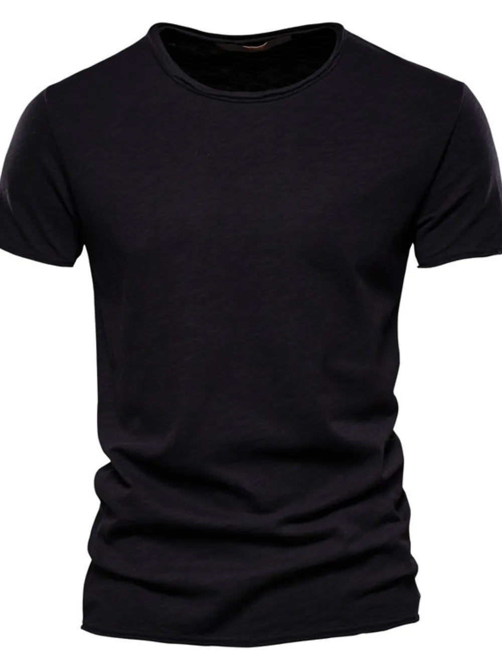 Black slub cotton crewneck tee with short sleeves and a textured finish.