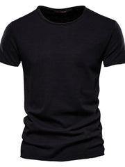 Black slub cotton crewneck tee with short sleeves and a textured finish.