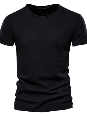 Black slub cotton crewneck tee with short sleeves and a textured finish.