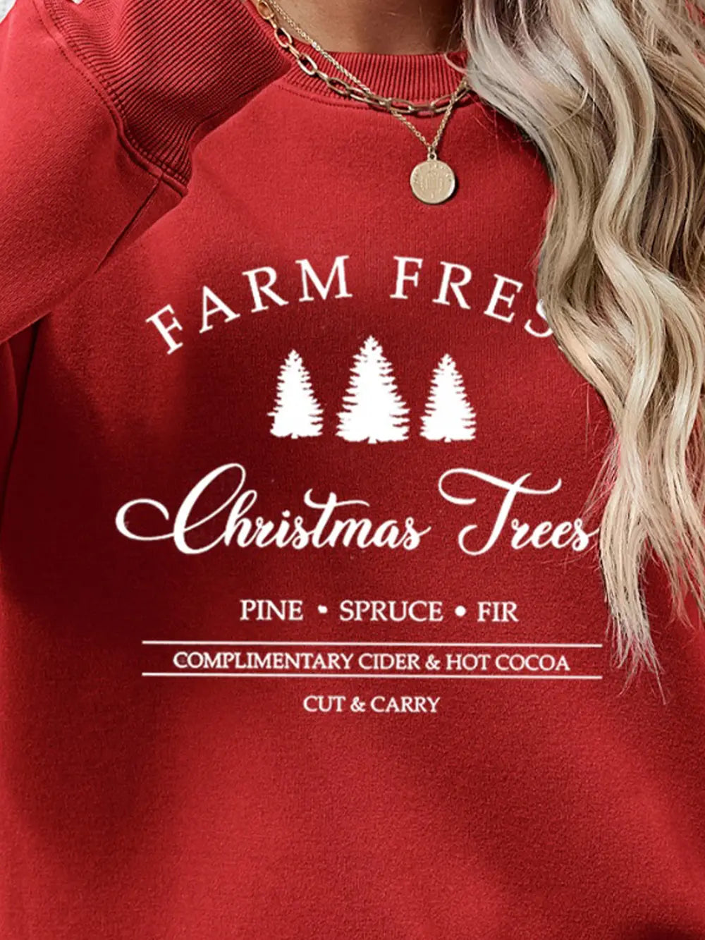 Red graphic sweatshirt with "Farm Fresh Christmas Trees" text and pine, spruce, fir details.