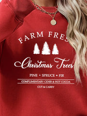 Red graphic sweatshirt with "Farm Fresh Christmas Trees" text and pine, spruce, fir details.