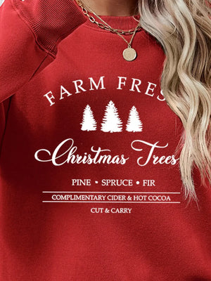 Red graphic sweatshirt with "Farm Fresh Christmas Trees" text and pine, spruce, fir details.