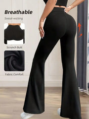 Black high-waisted flare maternity pants with scrunch butt detail and wide leg